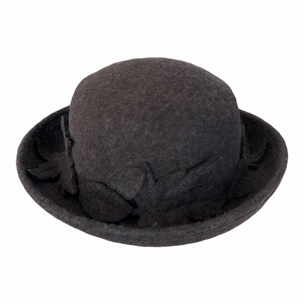 100% Wool Vintage Cloche Bucket Hat Charcoal Gray Felt Leaf Applique